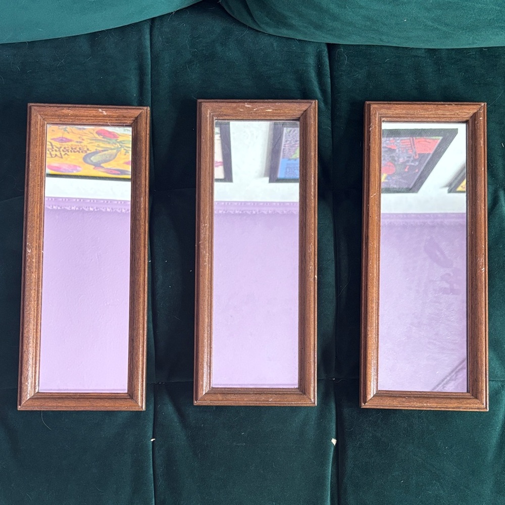 Three Brown Framed Wall Mirror Set